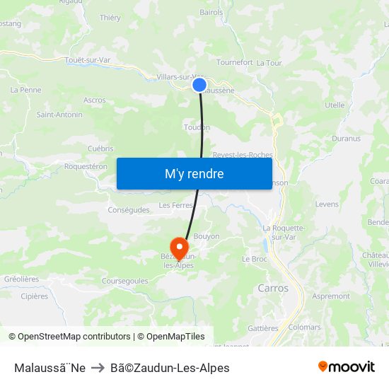 Malaussã¨Ne to Bã©Zaudun-Les-Alpes map
