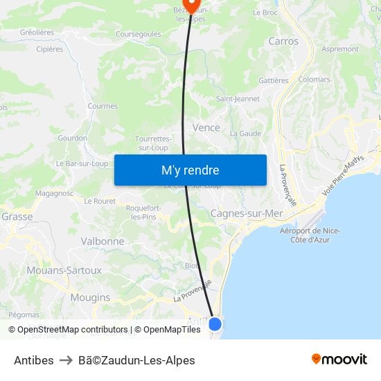 Antibes to Bã©Zaudun-Les-Alpes map