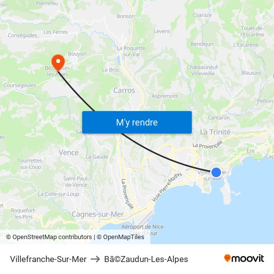 Villefranche-Sur-Mer to Bã©Zaudun-Les-Alpes map