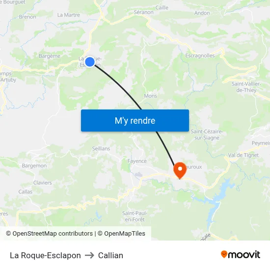 La Roque-Esclapon to Callian map