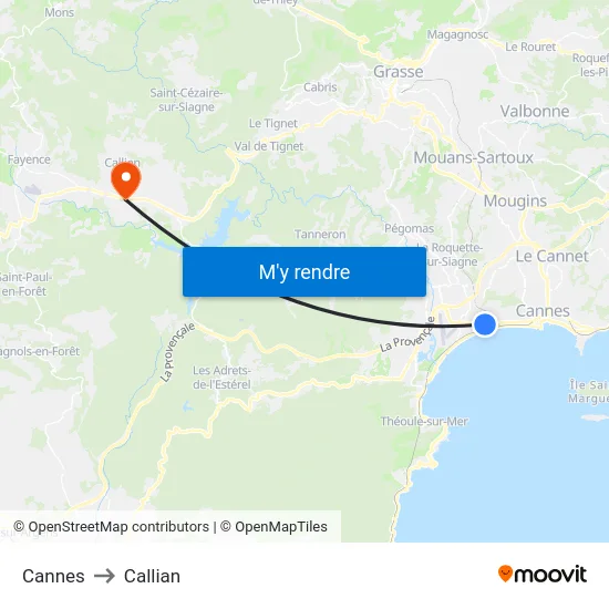 Cannes to Callian map