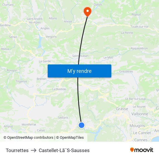 Tourrettes to Castellet-Lã¨S-Sausses map