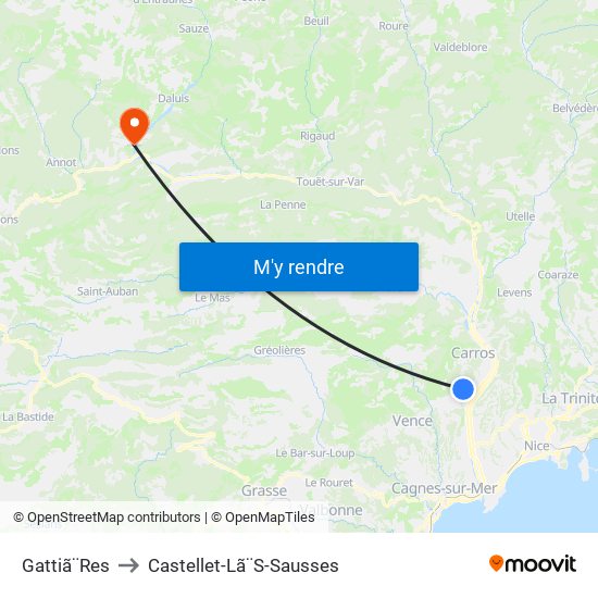 Gattiã¨Res to Castellet-Lã¨S-Sausses map