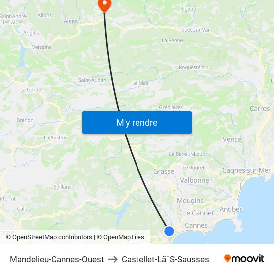 Mandelieu-Cannes-Ouest to Castellet-Lã¨S-Sausses map