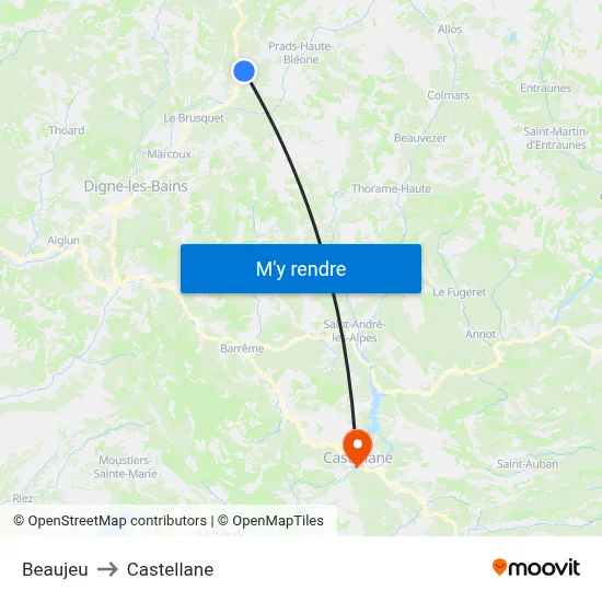 Beaujeu to Castellane map