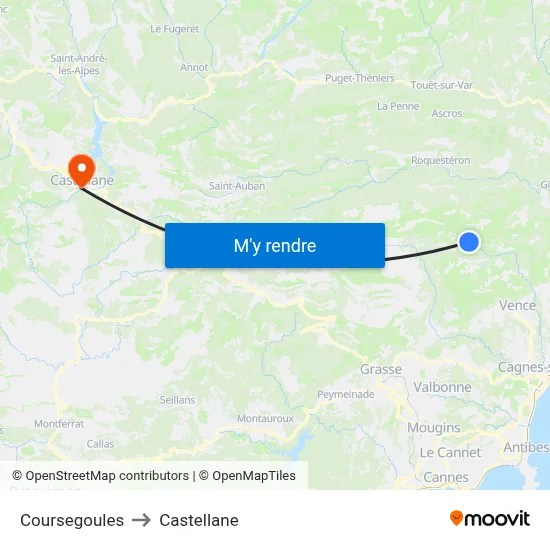 Coursegoules to Castellane map