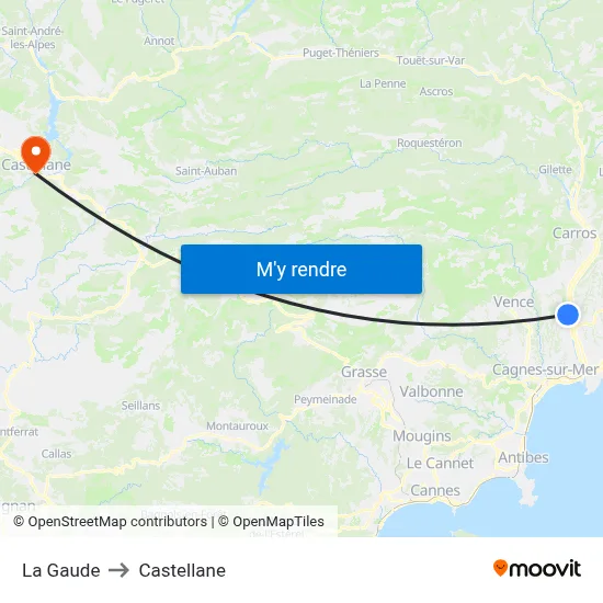 La Gaude to Castellane map