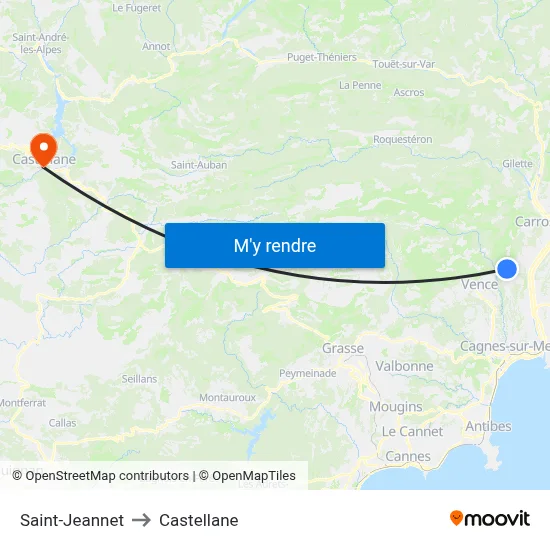 Saint-Jeannet to Castellane map
