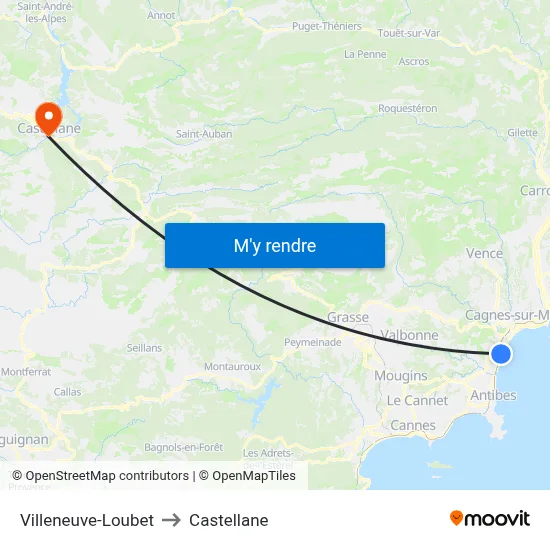 Villeneuve-Loubet to Castellane map