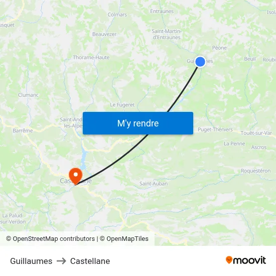 Guillaumes to Castellane map