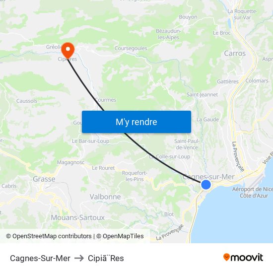 Cagnes-Sur-Mer to Cipiã¨Res map