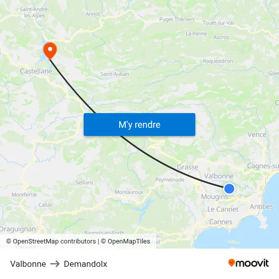 Valbonne to Demandolx map