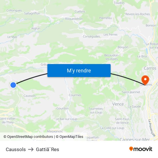Caussols to Gattiã¨Res map