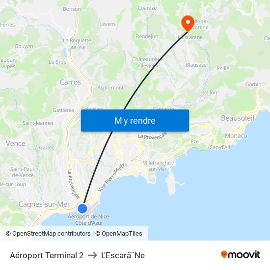Aéroport Terminal 2 to L'Escarã¨Ne map