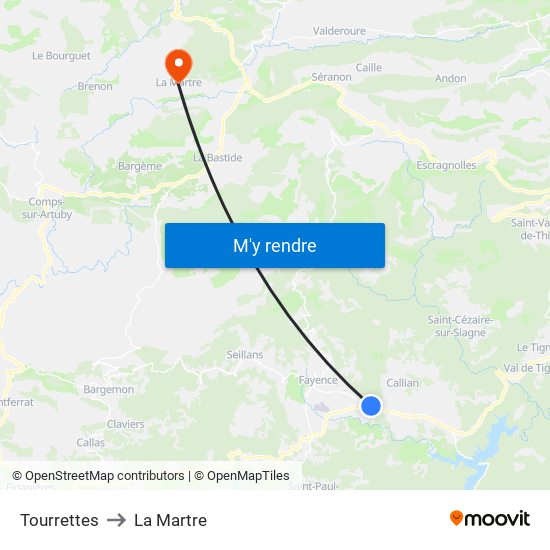 Tourrettes to La Martre map
