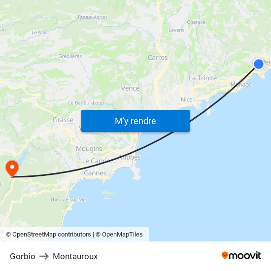 Gorbio to Montauroux map