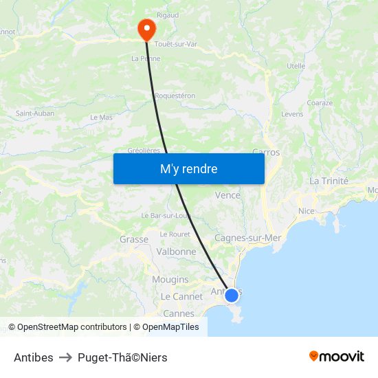 Antibes to Puget-Thã©Niers map