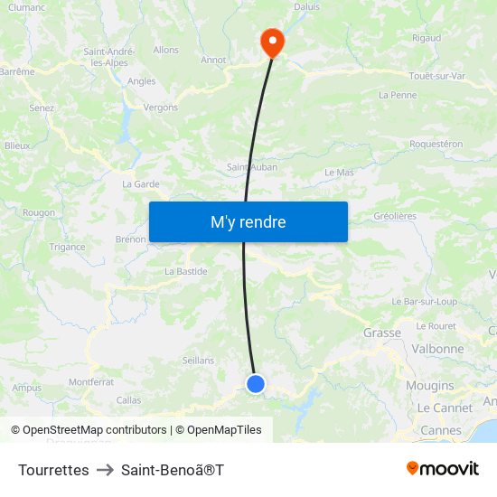 Tourrettes to Saint-Benoã®T map