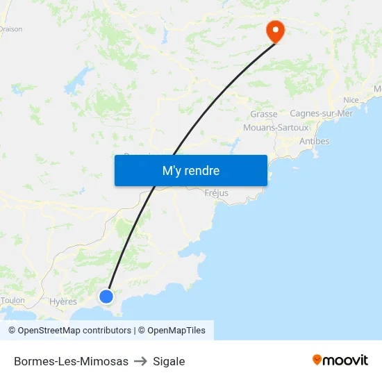 Bormes-Les-Mimosas to Sigale map