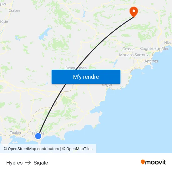Hyères to Sigale map