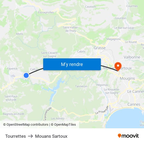 Tourrettes to Mouans Sartoux map