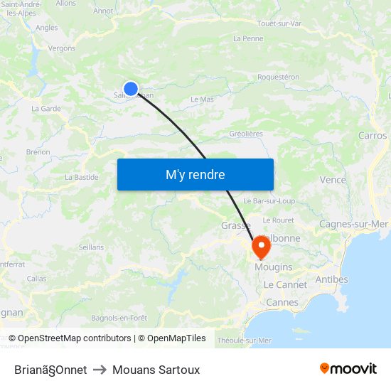 Brianã§Onnet to Mouans Sartoux map