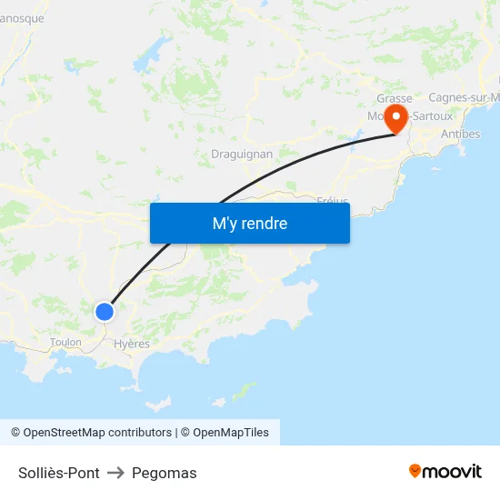 Solliès-Pont to Pegomas map
