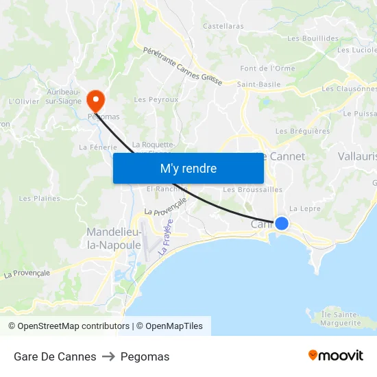 Gare De Cannes to Pegomas map