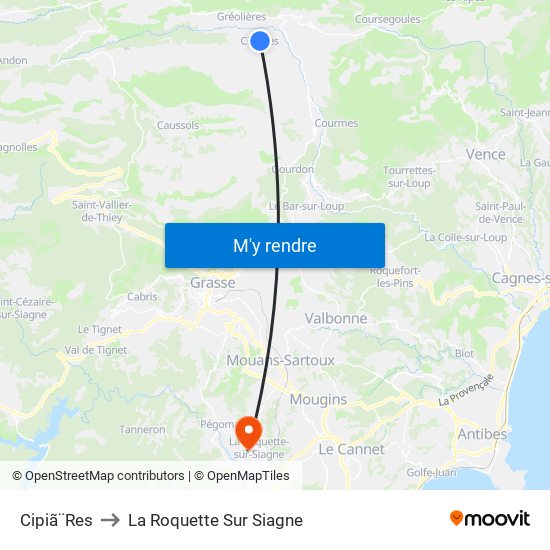 Cipiã¨Res to La Roquette Sur Siagne map