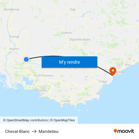 Cheval-Blanc to Mandelieu map