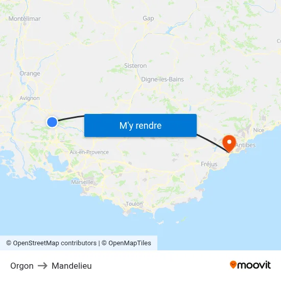 Orgon to Mandelieu map