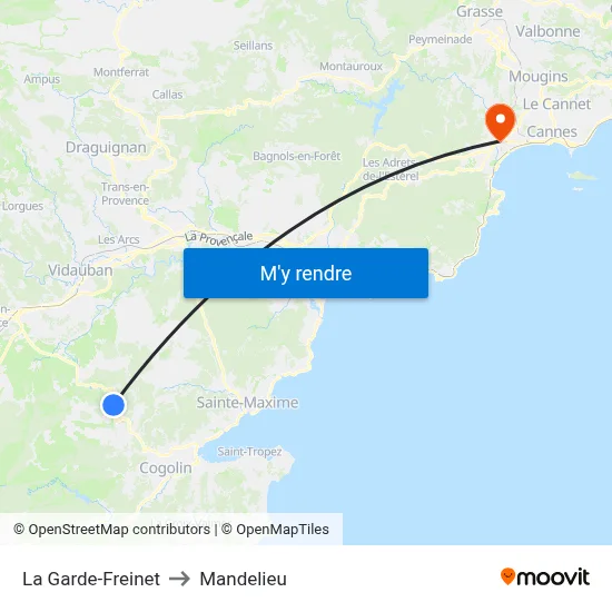 La Garde-Freinet to Mandelieu map