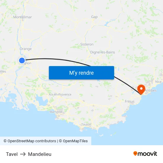Tavel to Mandelieu map