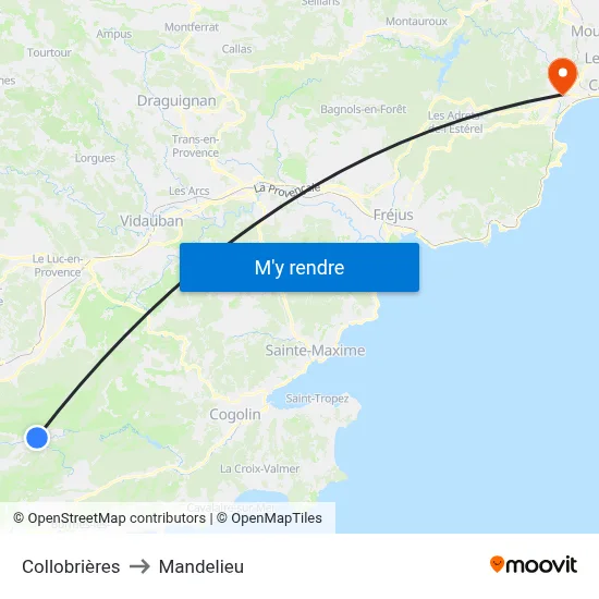 Collobrières to Mandelieu map