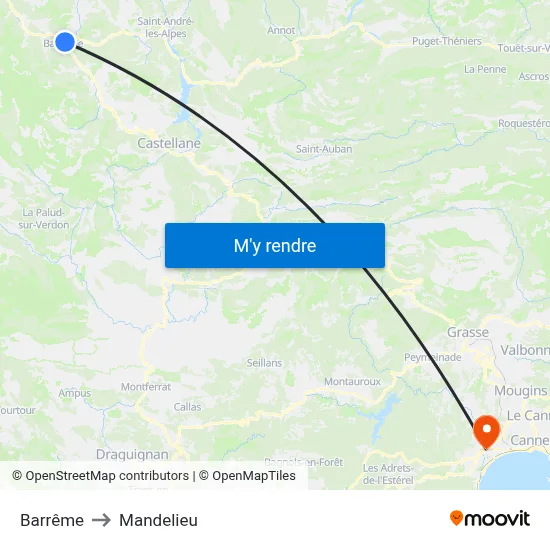 Barrême to Mandelieu map
