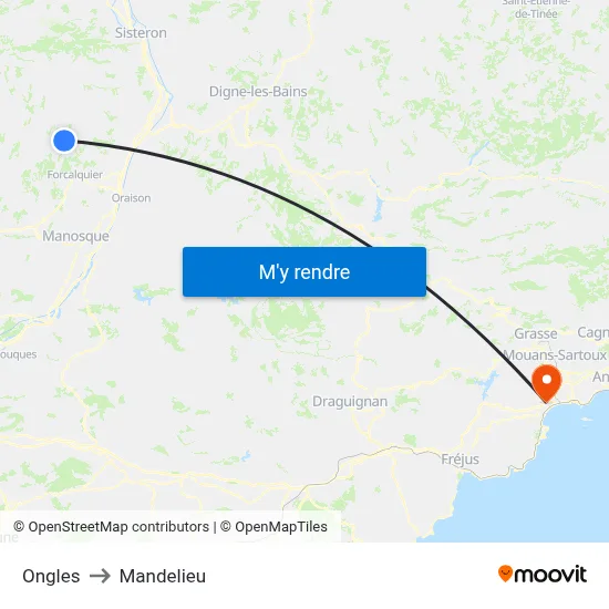 Ongles to Mandelieu map