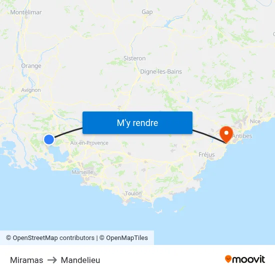 Miramas to Mandelieu map