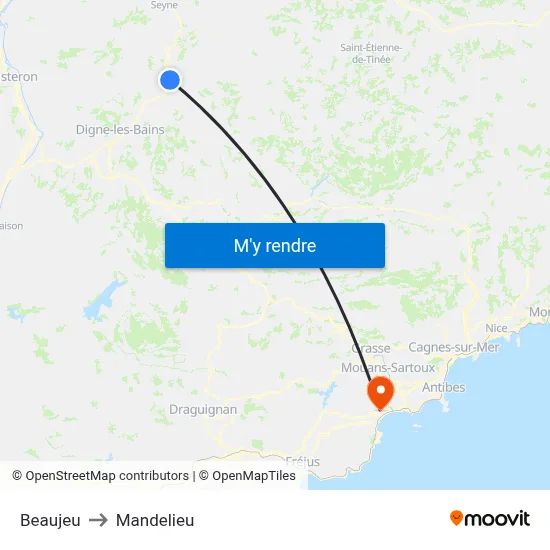 Beaujeu to Mandelieu map