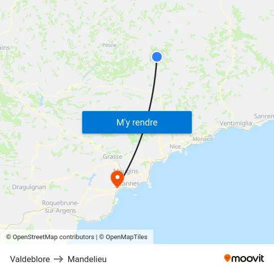 Valdeblore to Mandelieu map
