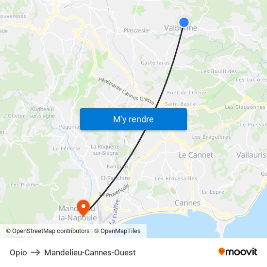 Opio to Mandelieu-Cannes-Ouest map