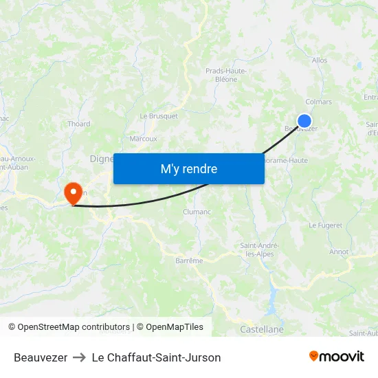 Beauvezer to Le Chaffaut-Saint-Jurson map