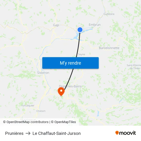Prunières to Le Chaffaut-Saint-Jurson map