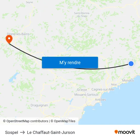 Sospel to Le Chaffaut-Saint-Jurson map