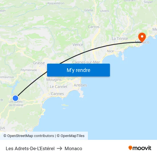 Les Adrets-De-L'Estérel to Monaco map
