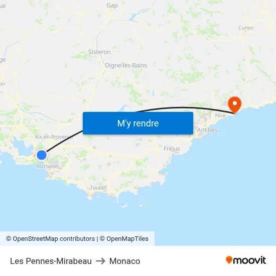 Les Pennes-Mirabeau to Monaco map