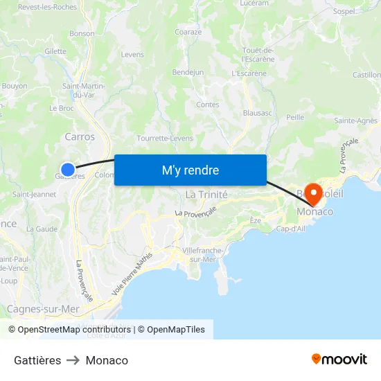 Gattières to Monaco map