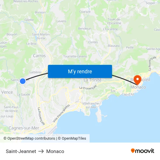 Saint-Jeannet to Monaco map