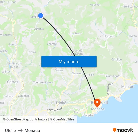Utelle to Monaco map