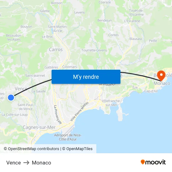 Vence to Monaco map