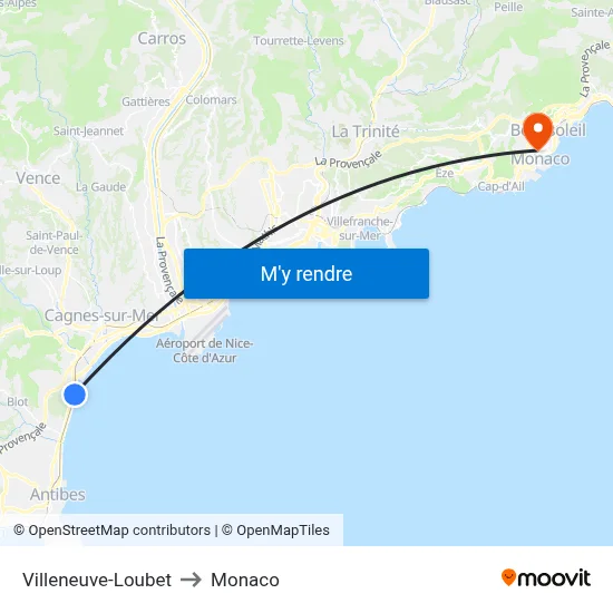 Villeneuve-Loubet to Monaco map